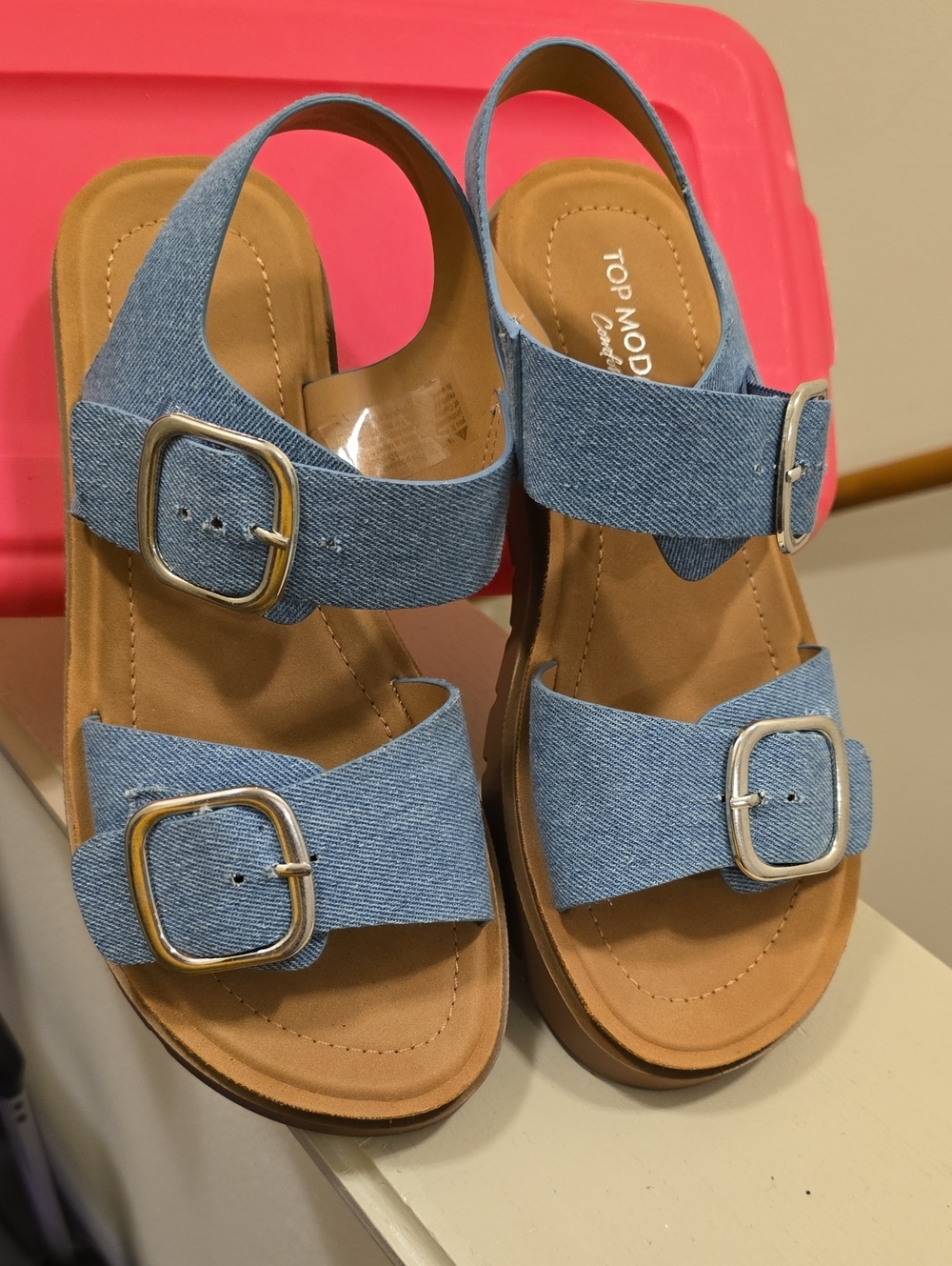 TOP Moda Light Blue Denim Buckle Slingback Sandals